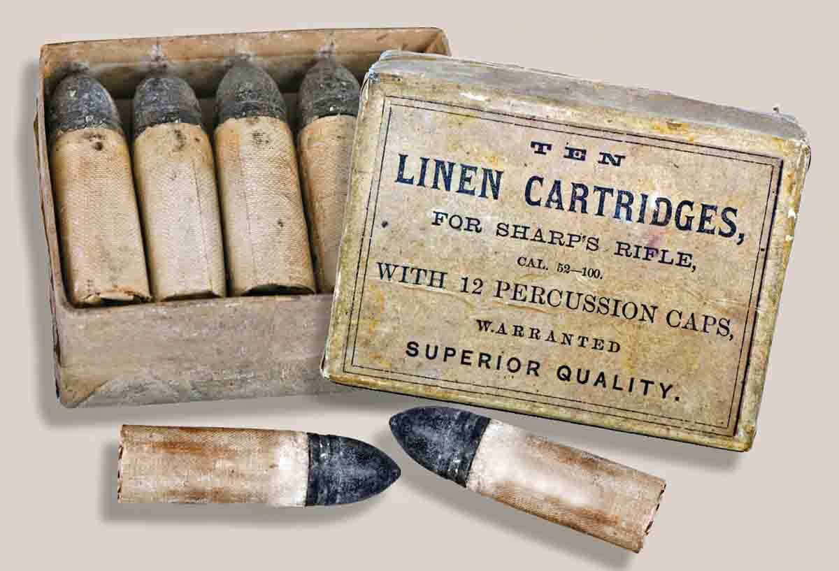 A sturdy cardboard box to protect the cartridges was much better than “bundling.” Loose bundles could also cause the pointed bullets to rupture the paper bottoms of other cartridges. Note the straight linen seams on the cartridges, unlike paper ones.